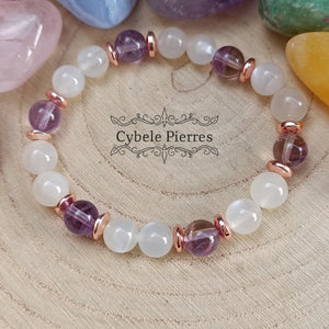Bracelet Réconfort et Elegance - Pierre de lune blanche et Amétrine (8mm) - 18cm - Cybele Pierres