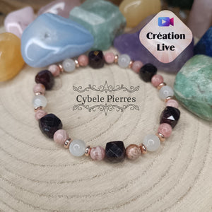 Bracelet Rose dorée "Belle Epoque" - Pierre de lune, Rhodochrosite et Grenat carré facetté (6 et 10mm) - 18cm - Cybele Pierres