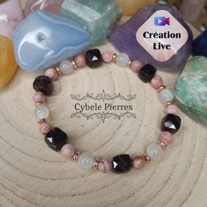 Bracelet Rose dorée "Belle Epoque" - Pierre de lune, Rhodochrosite et Grenat carré facetté (6 et 10mm) - 18cm - Cybele Pierres