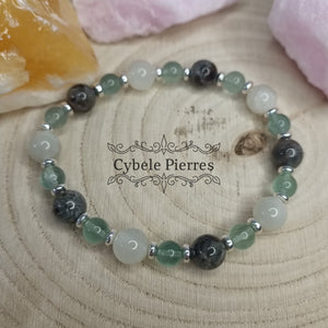 Bracelet Sagesse Ancestrale - Fluorine bleue, Pierre de Lune Blanche et Yooperlite (6 et 8mm) - 18cm - Cybele Pierres