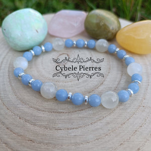Bracelet Sagesse et Intuition : Angélite et pierre de lune blanche (6 et 8mm) - 18cm - Cybele Pierres