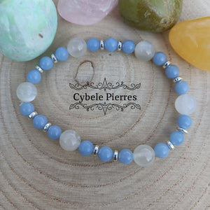 Bracelet Sagesse et Intuition : Angélite et pierre de lune blanche (6 et 8mm) - 18cm - Cybele Pierres