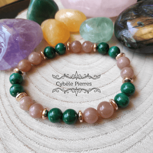 Bracelet Sagesse et passion - Malachite et Pierre de Lune Pêche (8mm) - 18cm - Cybele Pierres