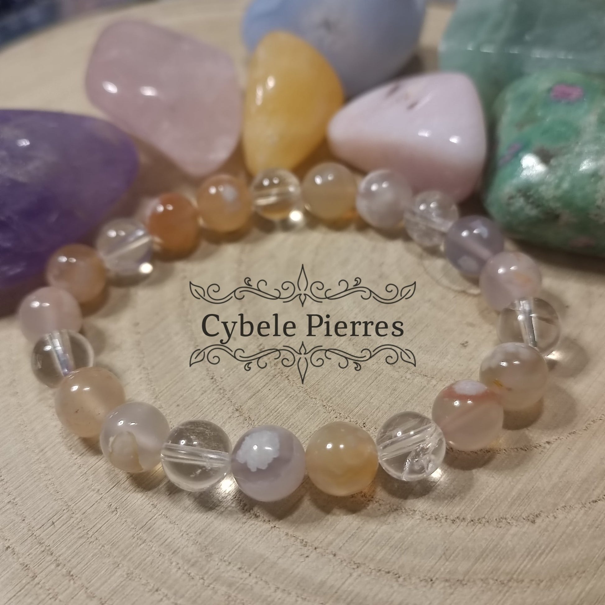 Bracelet Sakura - Agate fleurs de cerisier et Cristal de Roche (8mm) - 17cm - Cybele Pierres