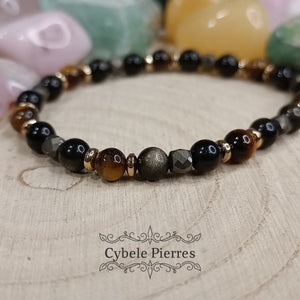 Bracelet Secret bien gardé - Pyrite carré facetté, Obsidienne dorée et Oeil de tigre (4 et 6mm) - 18cm - Cybele Pierres