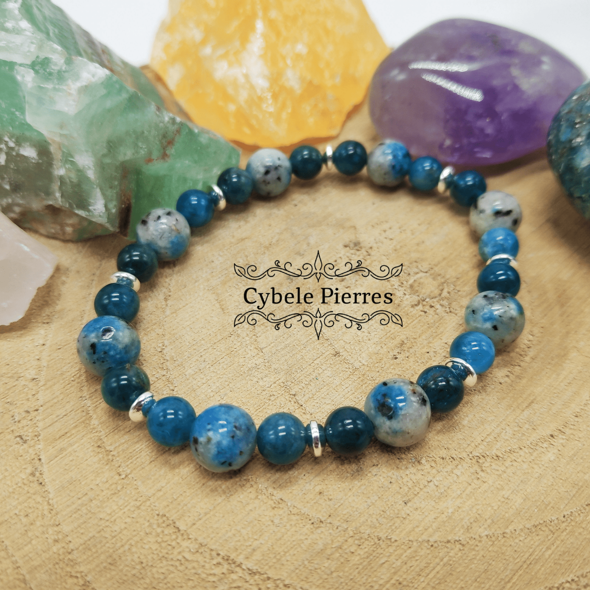 Bracelet Self - controle - Apatite bleue et Jaspe K2 (Kétonite) (6 et 8mm) - 17cm - Cybele Pierres