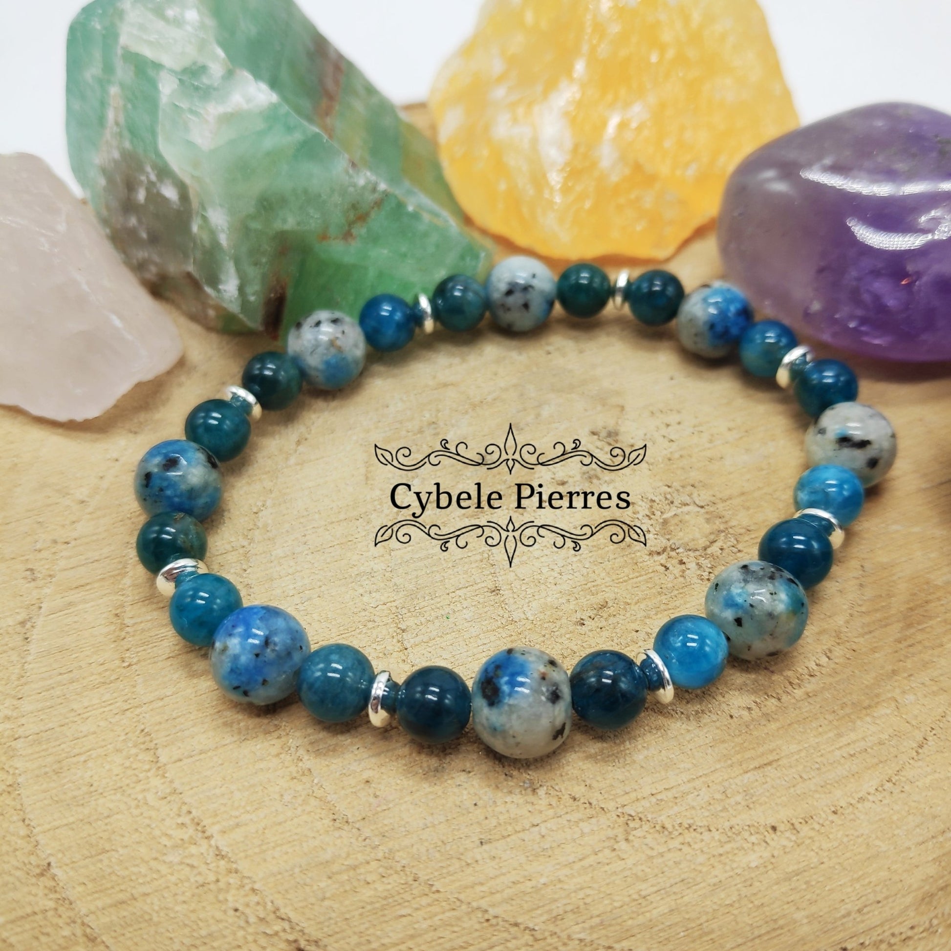 Bracelet Self - controle - Apatite bleue et Jaspe K2 (Kétonite) (6 et 8mm) - 17cm - Cybele Pierres