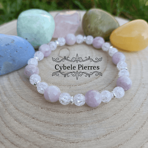 Bracelet Sérénité et Réconfort - Kunzite et Cristal de Roche craquelé (6 et 8mm) - 17cm - Cybele Pierres