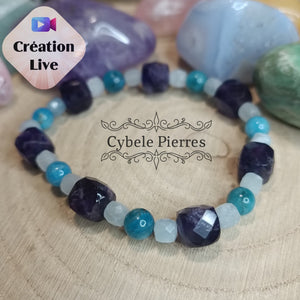 Bracelet Sirène - Aigue - marine, Améthyste carré facetté et Apatite (6 et 8mm) - 16cm - Cybele Pierres