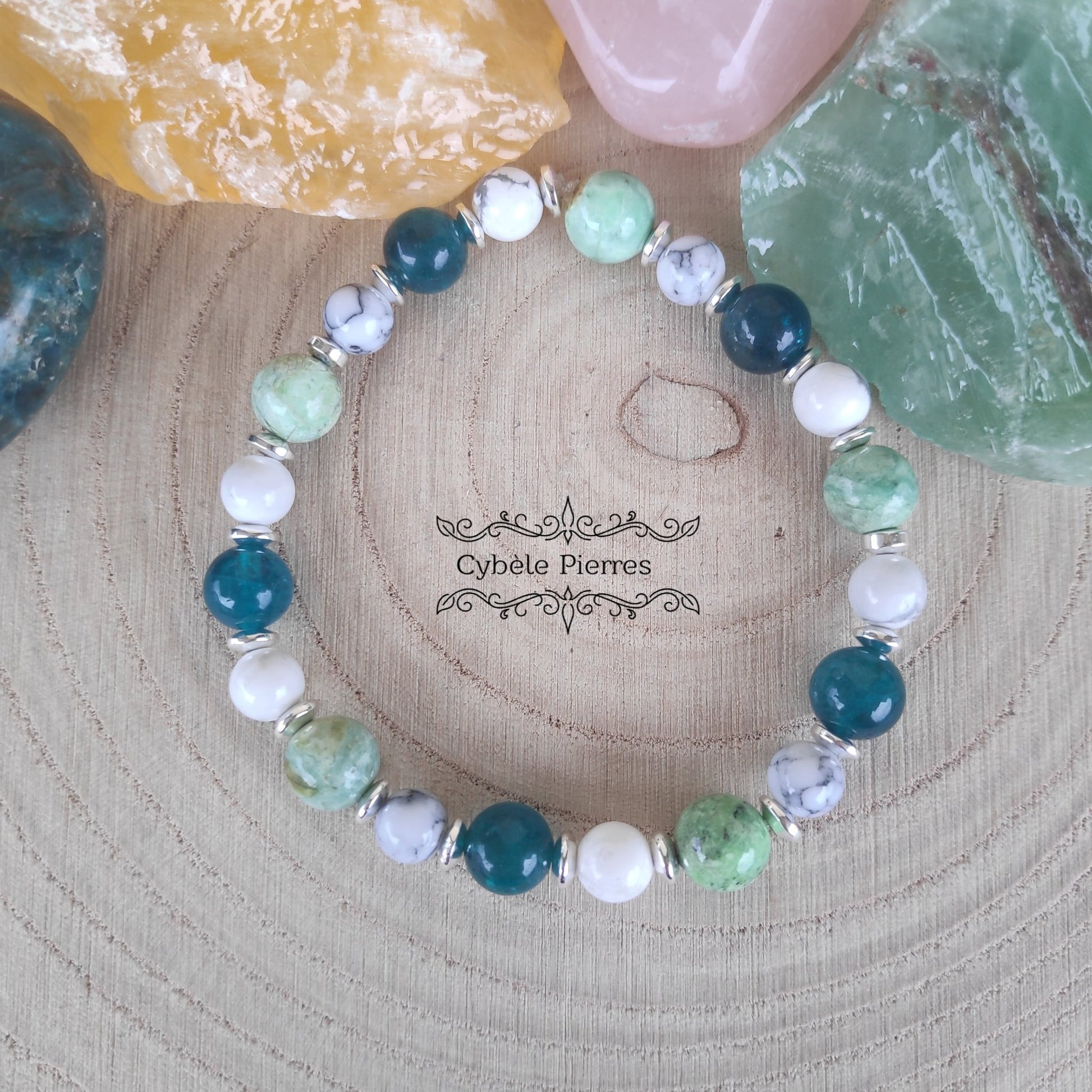 Bracelet Souvenir - Variscite, Apatite bleue et Howlite (6mm et 8mm) - 18cm - Cybele Pierres