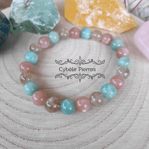 Bracelet Souverainté - Amazonite, Pierre de Lune pêche et Quartz Rutile (8mm) - 19cm - Cybele Pierres