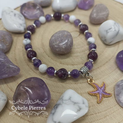 Bracelet Summer - Howlite, Améthyste et Lépidolite (6 et 8mm) - 18cm - Cybele Pierres