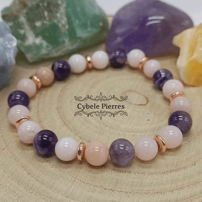 Bracelet Transformation - Opale rose et Améthyste (8mm) - 19cm - Cybele Pierres
