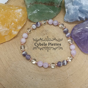 Bracelet Univers - Kunzite, Cristal de roche et Améthyste (6mm) - 18cm - Cybele Pierres