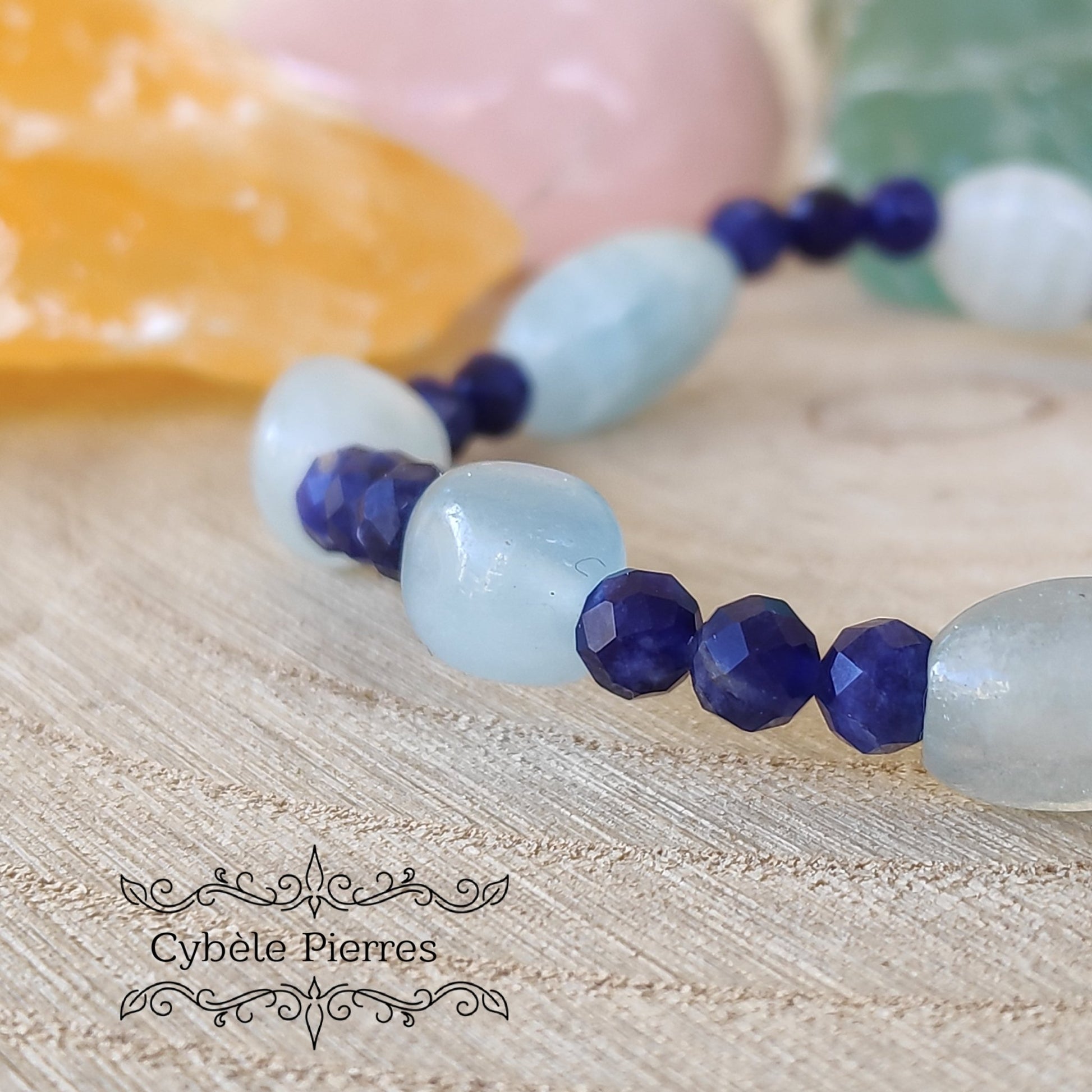 Bracelet Voyage des rêves : Aigue - marine et Saphir naturel facetté (3 et 10mm) - 18cm - Cybele Pierres