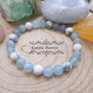 Bracelet Voyageur - Aigue - marine & Howlite (8mm) - 17cm - Cybele Pierres