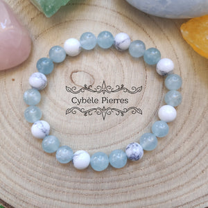 Bracelet Voyageur - Aigue - marine & Howlite (8mm) - 17cm - Cybele Pierres
