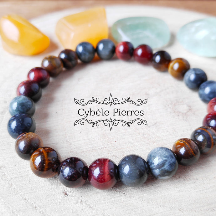 Bracelet Homme Triple Protection - Oeil de tigre, oeil de taureau et Oeil de faucon (8mm) - 20cm