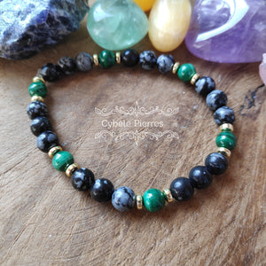 Bracelet Sérénité d'esprit - Obsidienne flocons de neige et Malachite (6mm) - 17cm