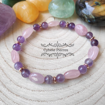 Bracelet Sérénité et Equilibre - Quartz rose et Améthyste ( 10mm et 6mm) - 17cm