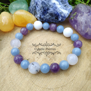 Bracelet Amour Parfait- Opale laiteuse, Angélite et Améthyste (10mm et 8mm) - 17cm