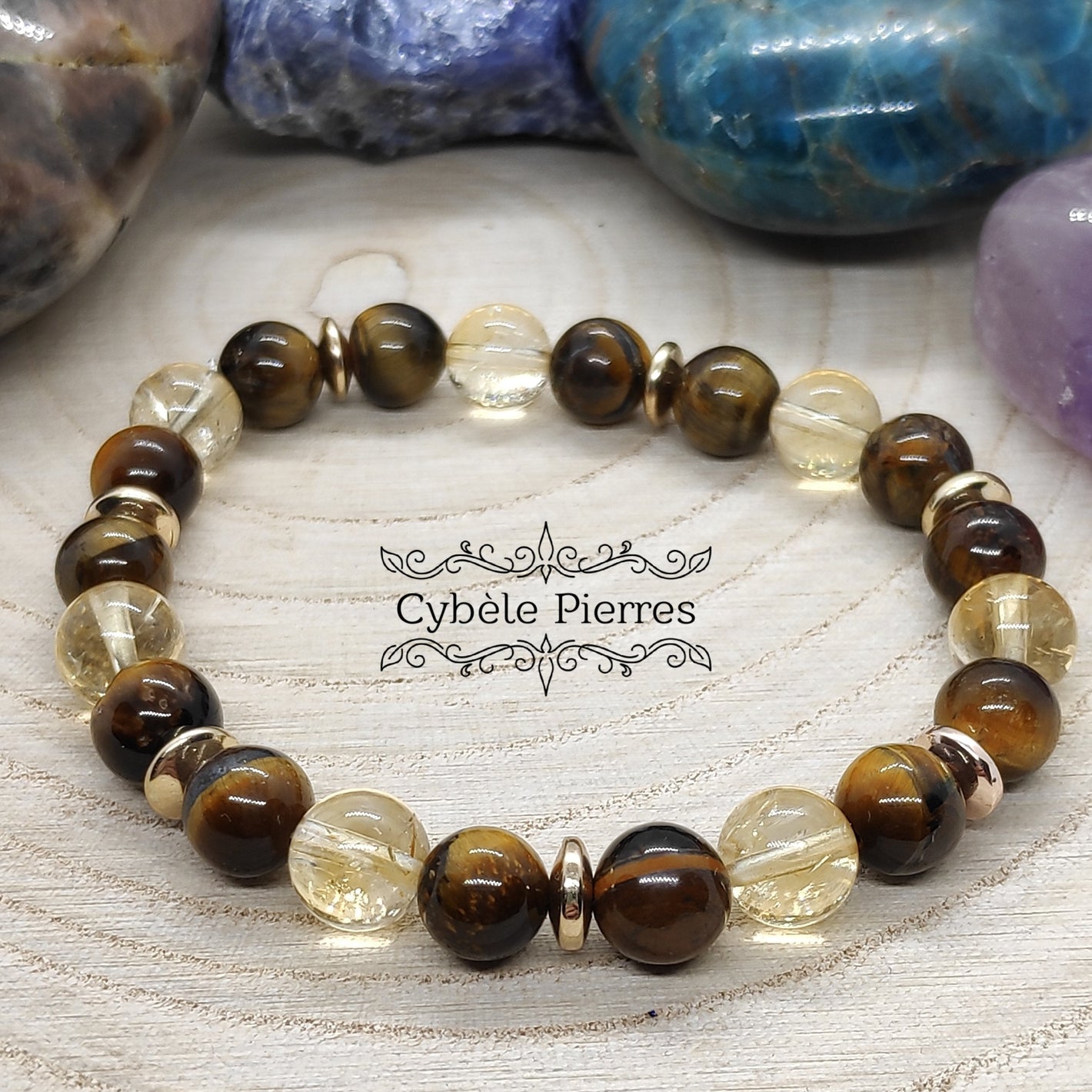 Bracelet Chance et Optimisme  - Oeil de tigre et Citrine (8mm) - 19cm