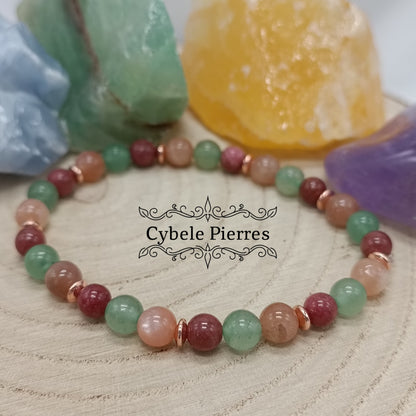 Bracelet Positive attitude  - Thulite, Aventurine verte et Pierre de Soleil  (6mm) - 18cm