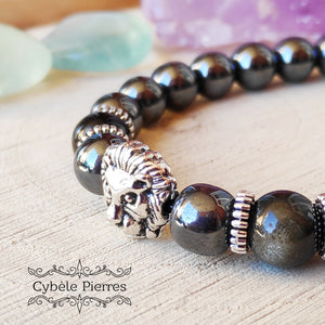 Bracelet Lion - Hématite & Obsidienne argentée (8mm) - 18cm