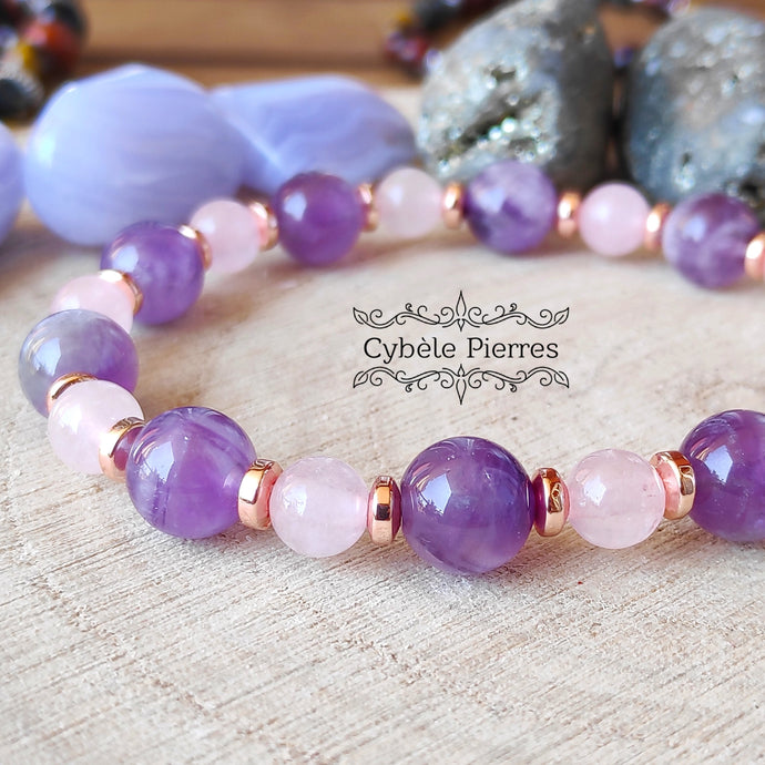 Bracelet Tendresse - Quartz rose et Améthyste (6 et 8mm) - 17cm