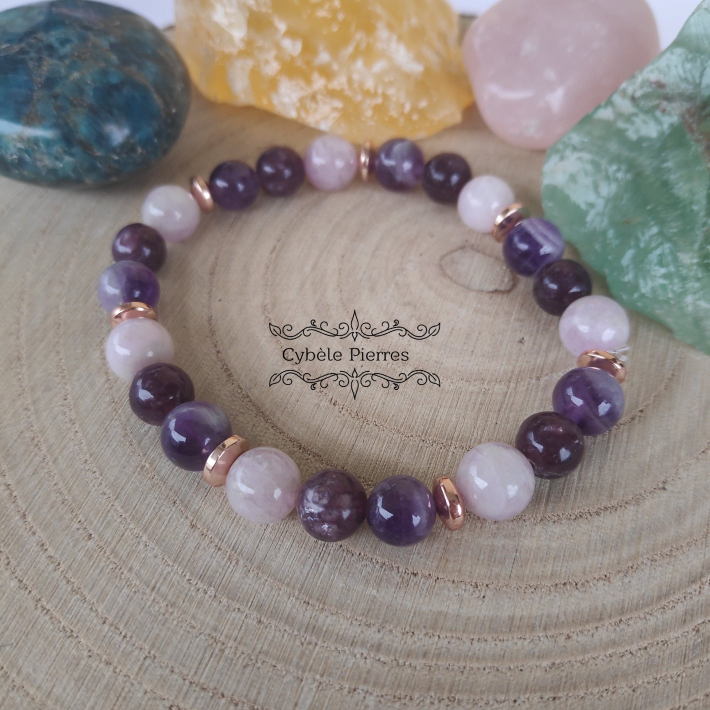 Bracelet Vulnérabilité - Améthyste, Kunzite et Lépidolite (8mm) - 19cm