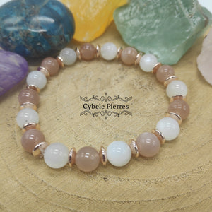 Bracelet Pierre de Lune Blanche et Pêche  (8mm) - 18cm