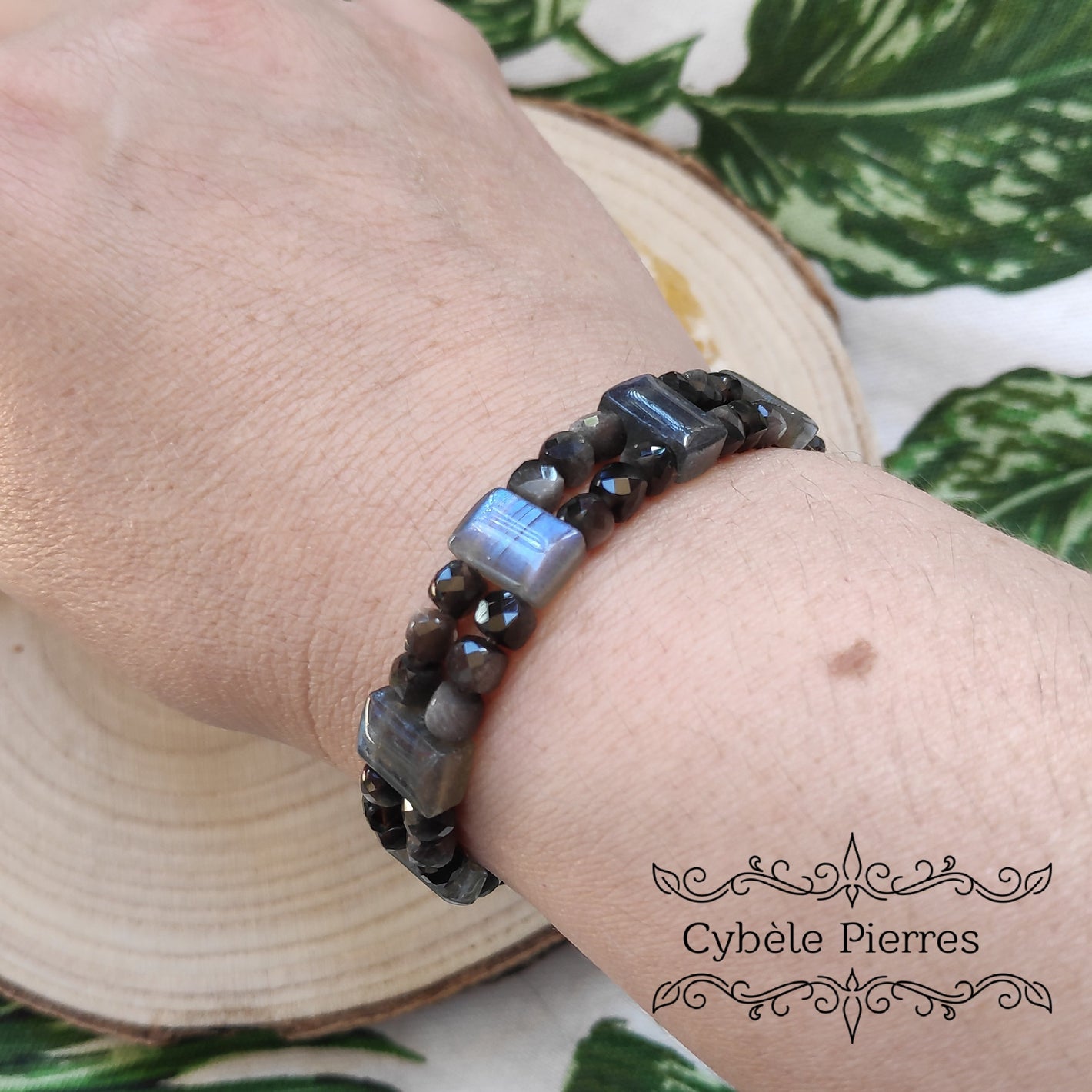 Bracelet Double Magnifique  - Obsidienne argentée Facettée et Labradorite  (4 et 6mm) -18cm