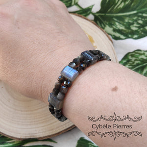 Bracelet Double Magnifique  - Obsidienne argentée Facettée et Labradorite  (4 et 6mm) -18cm
