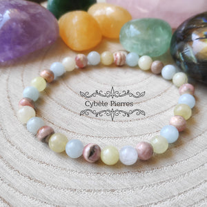 Bracelet Admiration - Rhodochrosite, Aigue-Marine et Héliodore (6mm) - 17cm