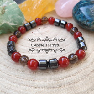 Bracelet Amon  - Quartz fumé et Cornaline (8mm) - 20cm