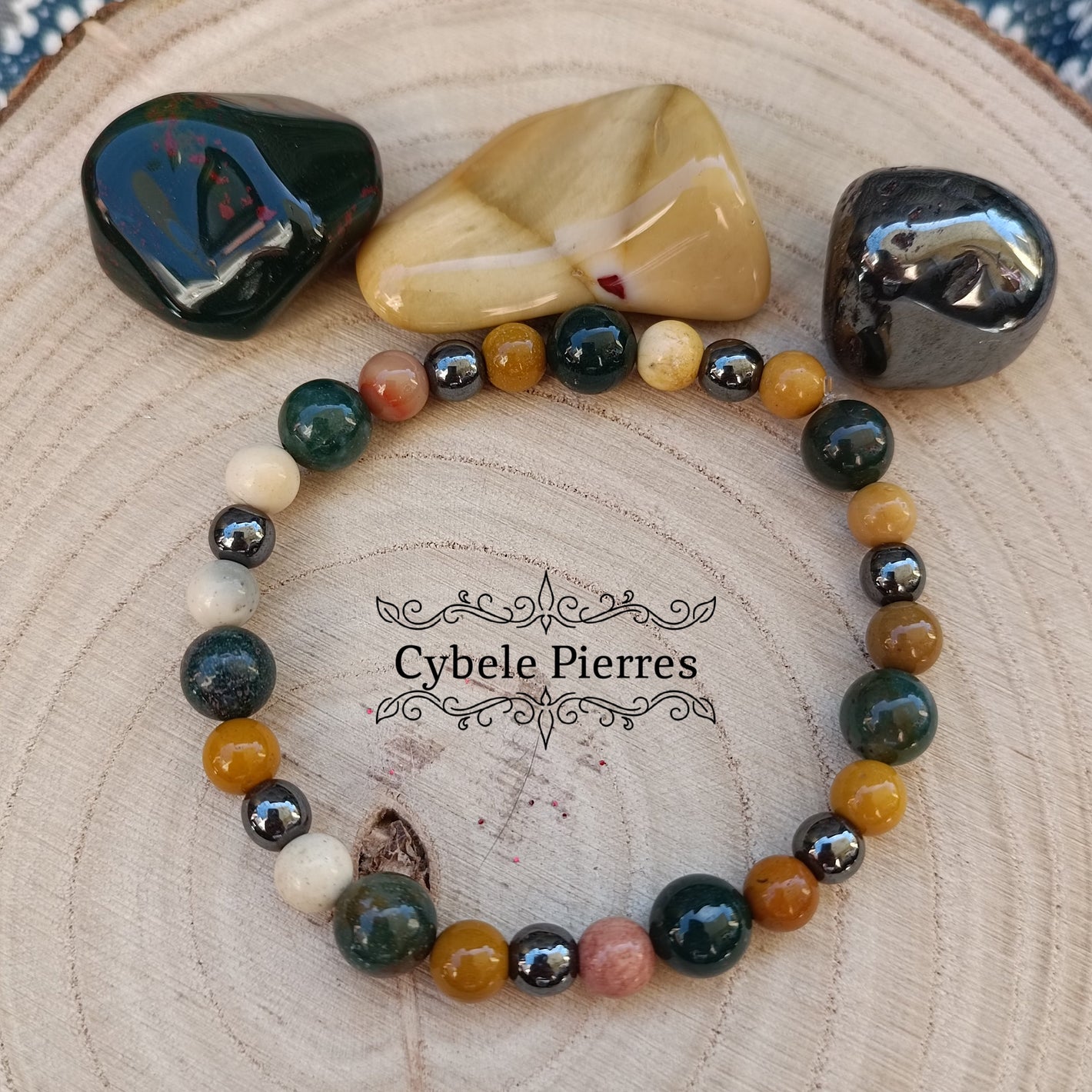 Bracelet "Je Garde les pieds sur Terre/Ancrage" -Jaspe Mookaite, Héliotrope et Hématite (6 et 8mm) - 18cm