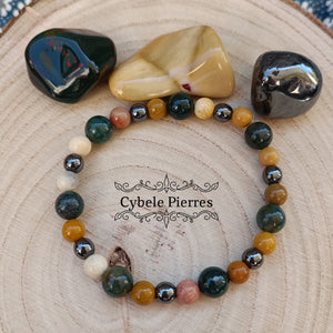 Bracelet "Je Garde les pieds sur Terre/Ancrage" -Jaspe Mookaite, Héliotrope et Hématite (6 et 8mm) - 18cm