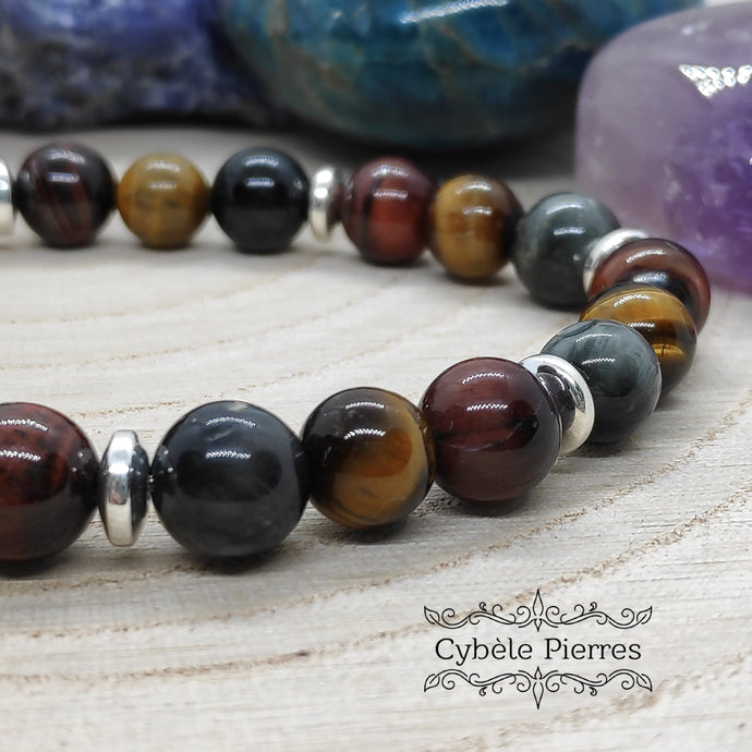 Bracelet Homme Triple protection - Oeil de faucon, oeil de tigre et oeil de taureau (8mm) - 19cm